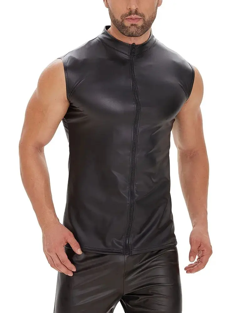 S-5XL Faux PU Leather Tank Top Sleeveless Zipper Muscle Shirt Vest Tights Stage Performance Motor Tanktop Gym Fitness Waistcoat