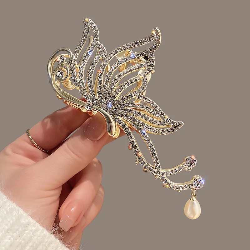 VANIKA Fashion Butterfly Hair Claw Rhinestone Pearls Hair Clips For Women And Girl Ponytail Claw Clip Hair Accessories Gifts