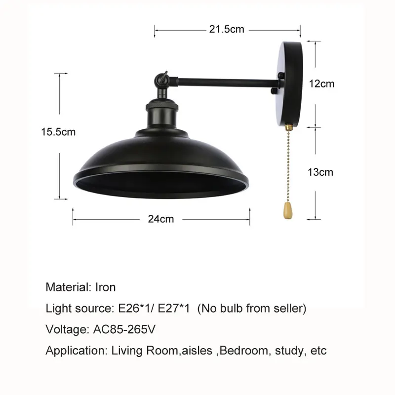 American Industrial Pot Lid Swing Arm Wall Lamp Villa Hotel Restaurant Bedroom Bedside With Zipper Switch Iron Lighting Fixture