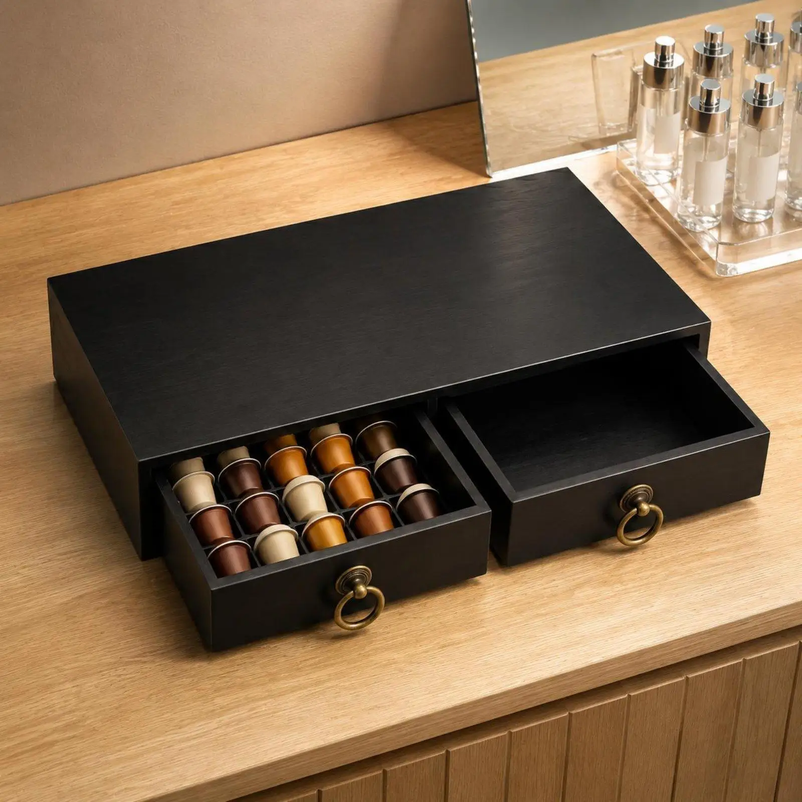 Multifunctional Wooden Display Shelf with Two Drawers for Makeup Storage Perfume Display Stand Cosmetic Organizer for Bedroom
