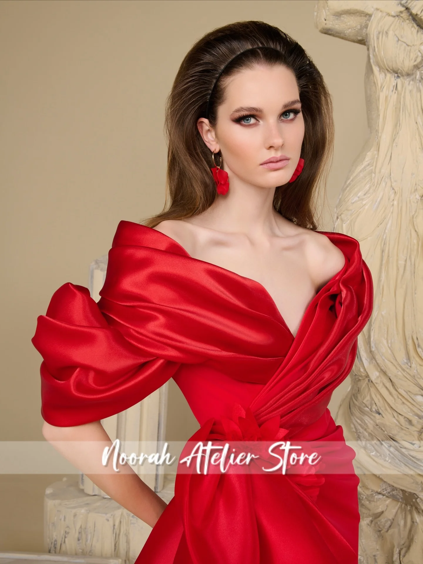 

Chic Red Satin Off The Shoulder Elegant Luxurious Evening Dresses 2026 Peplum Prom Dress فساتين سهرات Customized