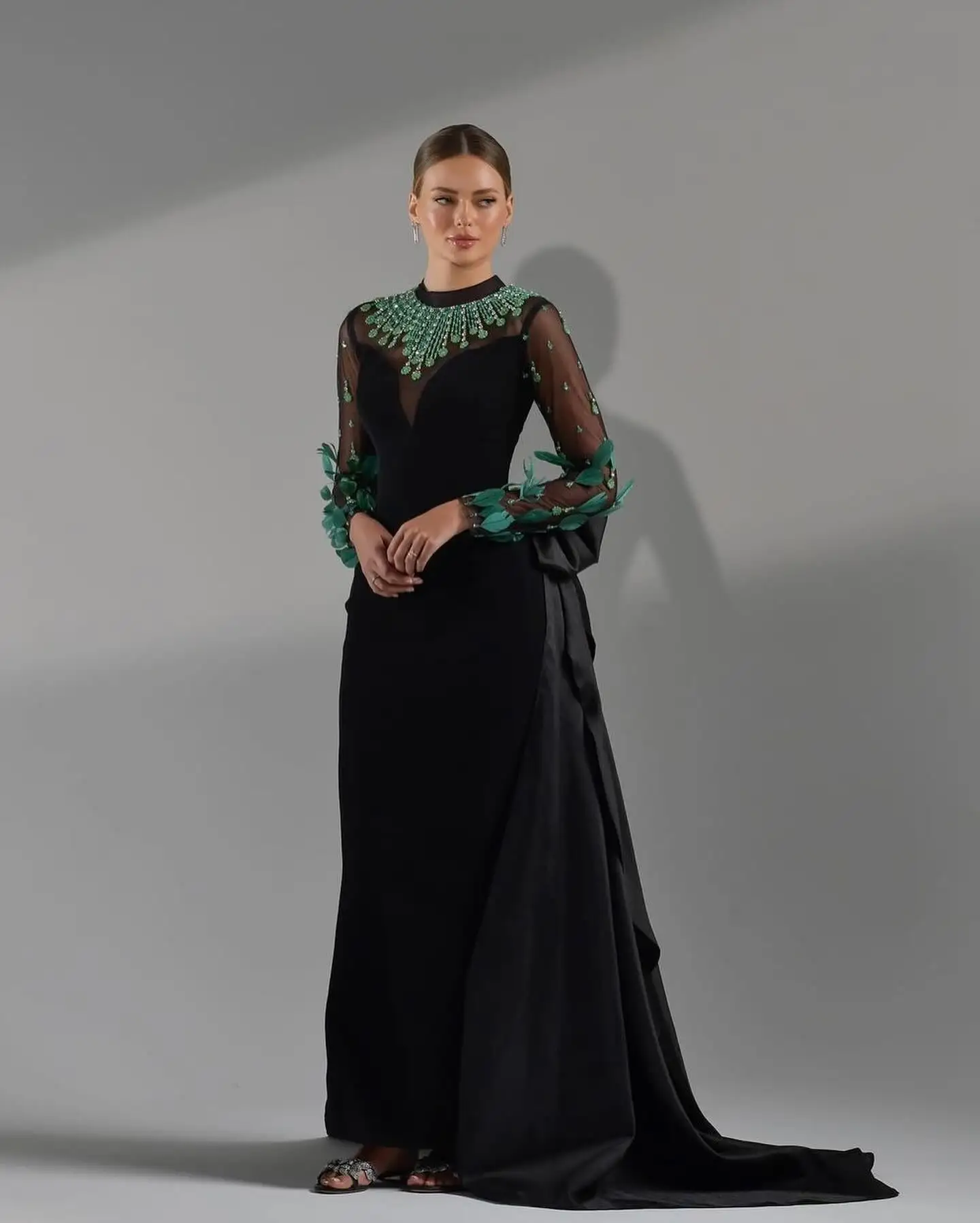 Customized Temperament Jersey Straight Feathers Crystal Evening Dress High Quality Floor Length vestidos para mujer Custom Size