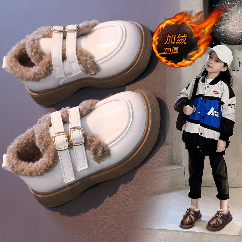 

2025 Winter New Children Leather Shoes with Cotton Girls Fashion British Style Soft Anti-slippery Versatile Princess Chic Shoes