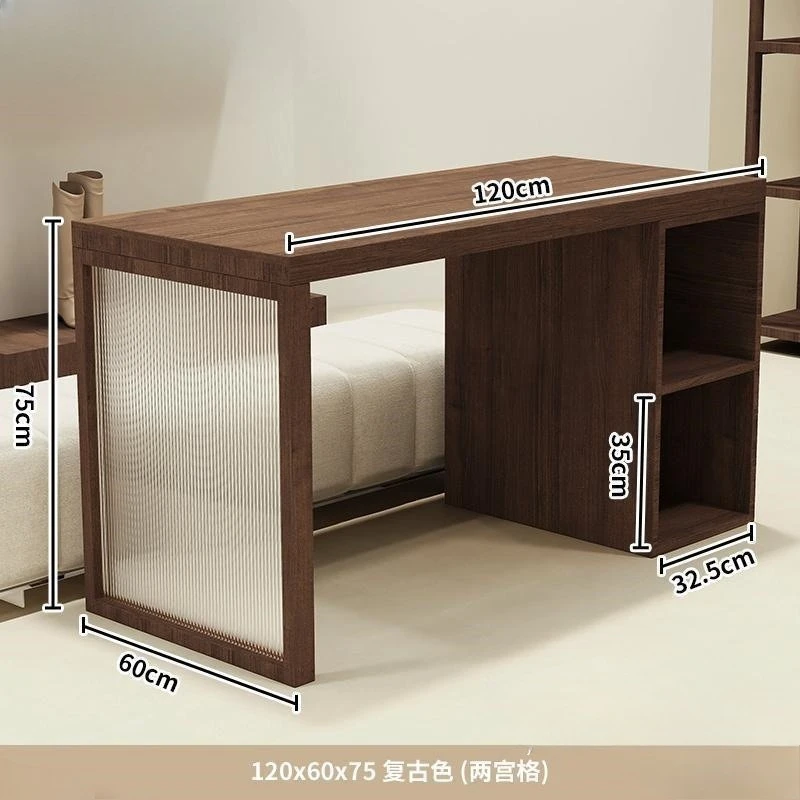 In the middle of the solid wood table in the clothing store, there is a light retro island display table