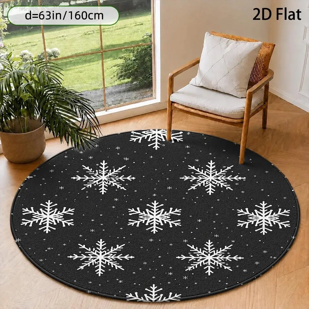 1pc Modern Black‑and‑White Snowflake Winter Wonderland Printed Large Round Area Rug, 2D Flat‑Print Machine‑Washable Floor