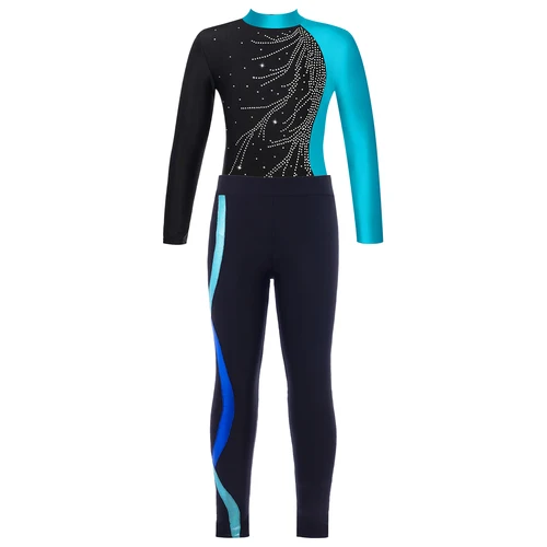 Imagen 2 del producto Leotardo adornado con diamantes de imitación brillantes de manga larga para baile de Ballet para niñas con pantalones Legging para gimnasia patinaje sobre hielo nuevo