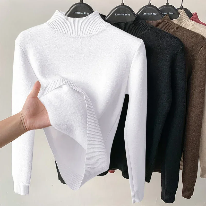 Half Turtleneck Warm Soft Knitwear Jumper Simple Plush Velvet Thicken Women Sweater New Soft Long Sleeve Slim Pullover Sweaters