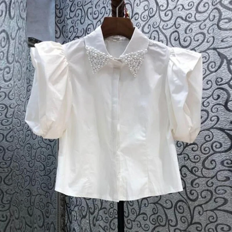 Neploe Chic Vintage Blouses Femme French Beaded Lapel Puff Sleeve Shirt 2024 Summer New Design Versatile Slim Fashion Blusas