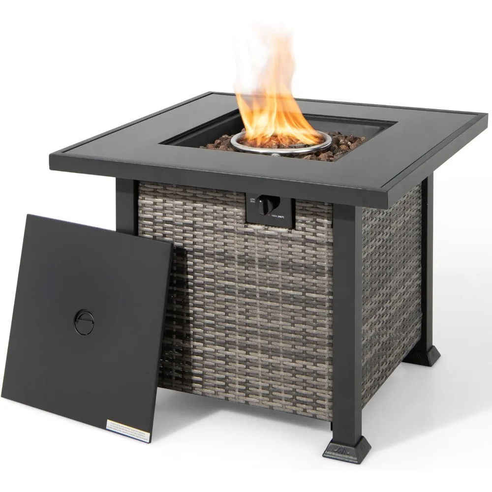 32 Inch Fire Pit Table with Removable Lid, Lava Stone, PVC Cover, CSA Certification, 50,000 BTU Propane Square Rattan Fire Pit