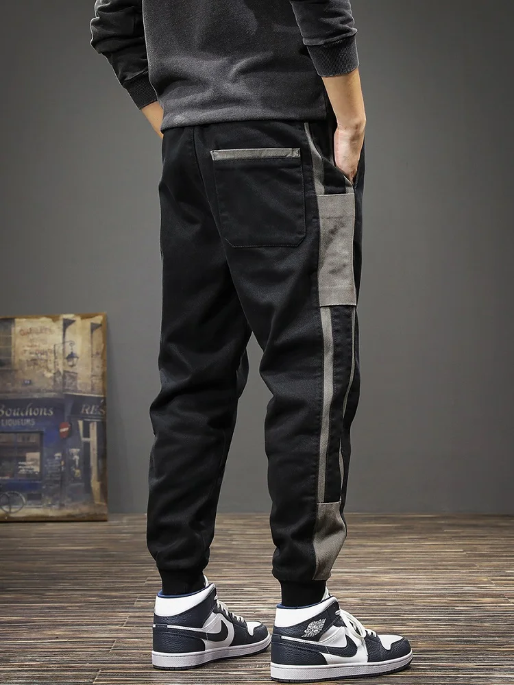 Autumn Fashion Side Stripe Sports Pants Men Black Baggy Casual Cotton Elastic Waist Drawstring Jogging Trousers