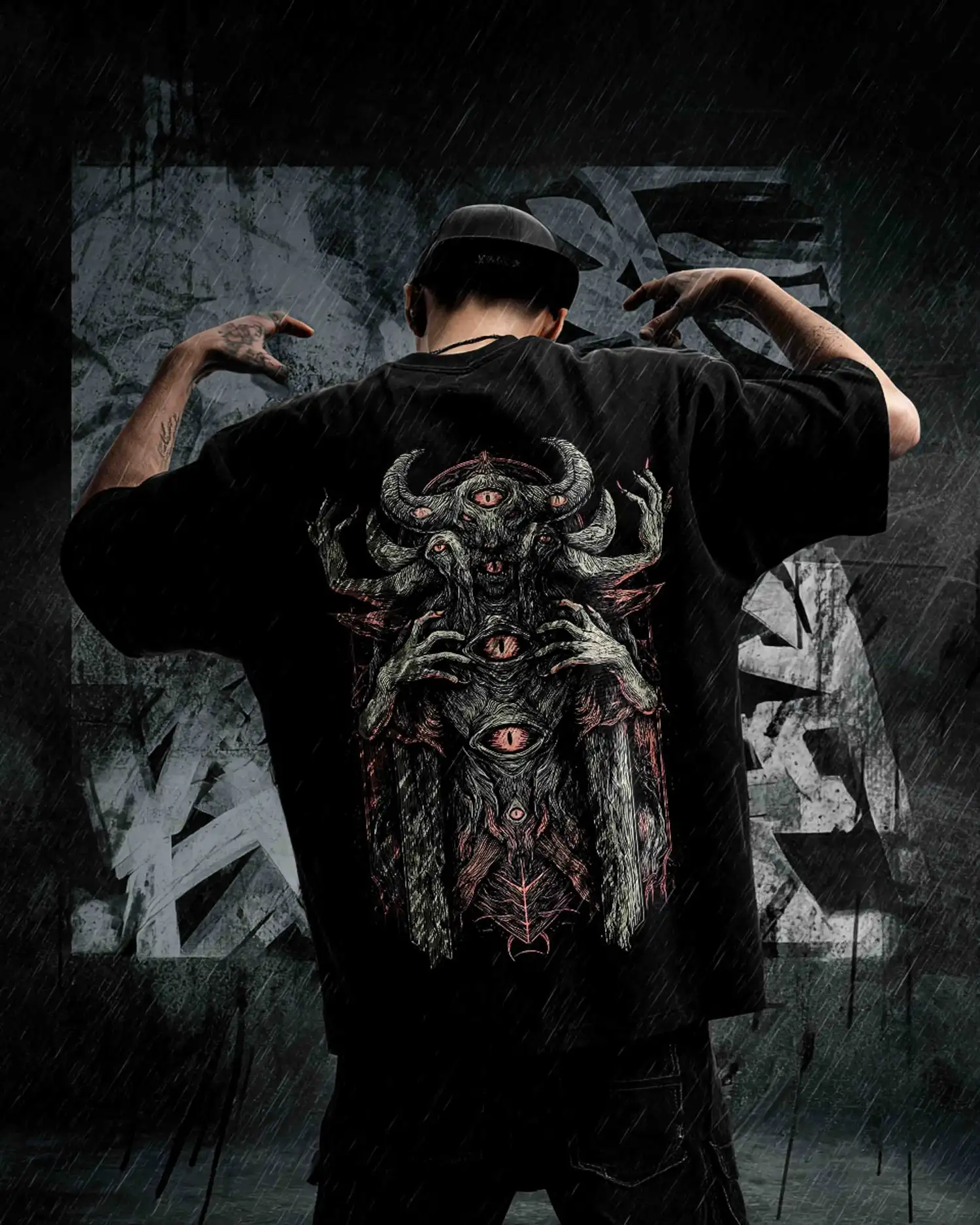 Men's Oversized Black Demon Monster Pattern T-shirt with Multi Eyed Demon Gothic Street Style Loose Short Sleeved Casual T-shirt