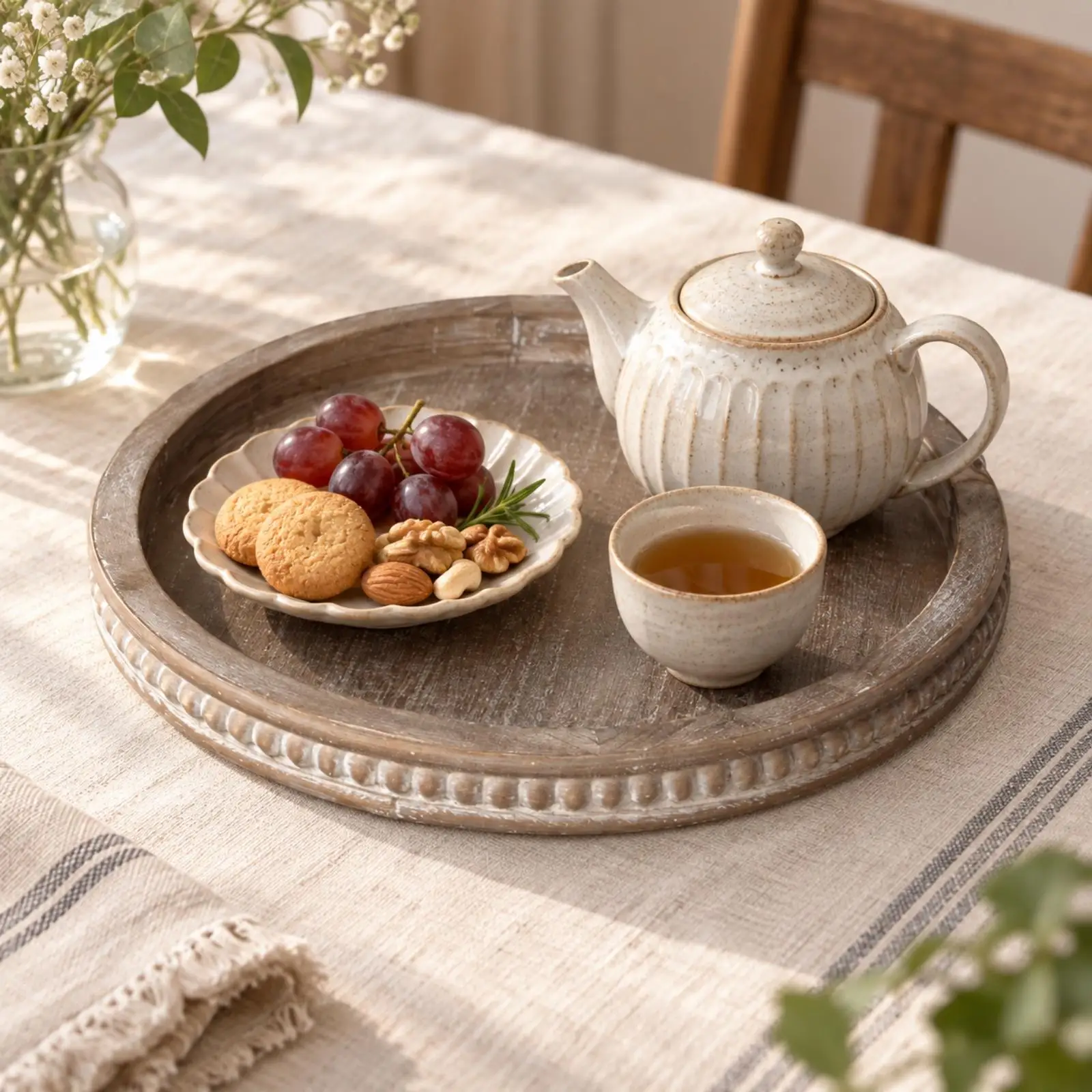 Round Decorative Tray with Beaded Edge Multi-Functional Round Wooden Tray with Raised Rim Versatile Rustic for Tabletop Decor