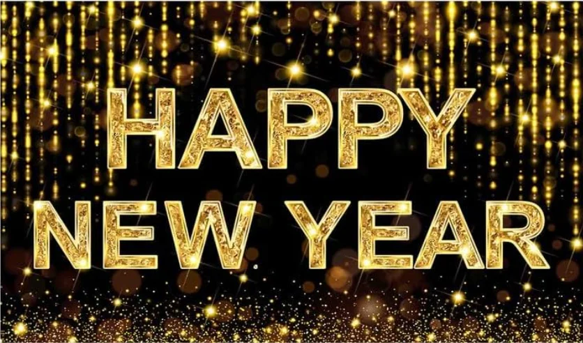 Gold Happy New Year Backdrop Countdown Party Hello 2024 Shiny Champagne Fireworks Balloon Midnight Photography Background Cheers