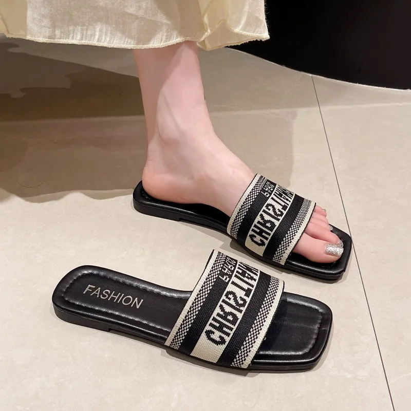 2024 Letter Slippers Fashion Flat Woman Single Shoes Casual Shoes Female Outer Wear Letter Sandals Women's Shoes Flat