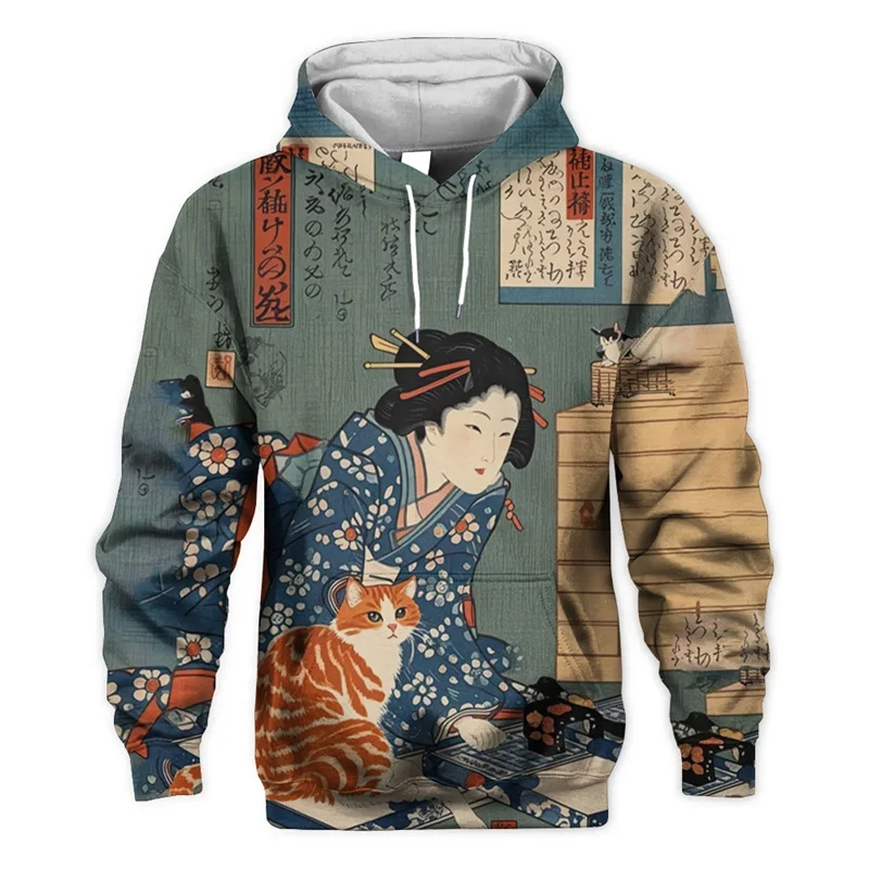 

Men's Japanese Style Hoodies 3D Printed Geisha Ukiyo-e Graphic Casual Hooded Sweatshirt Outdoor Oversized Pullover Men Tracksuit