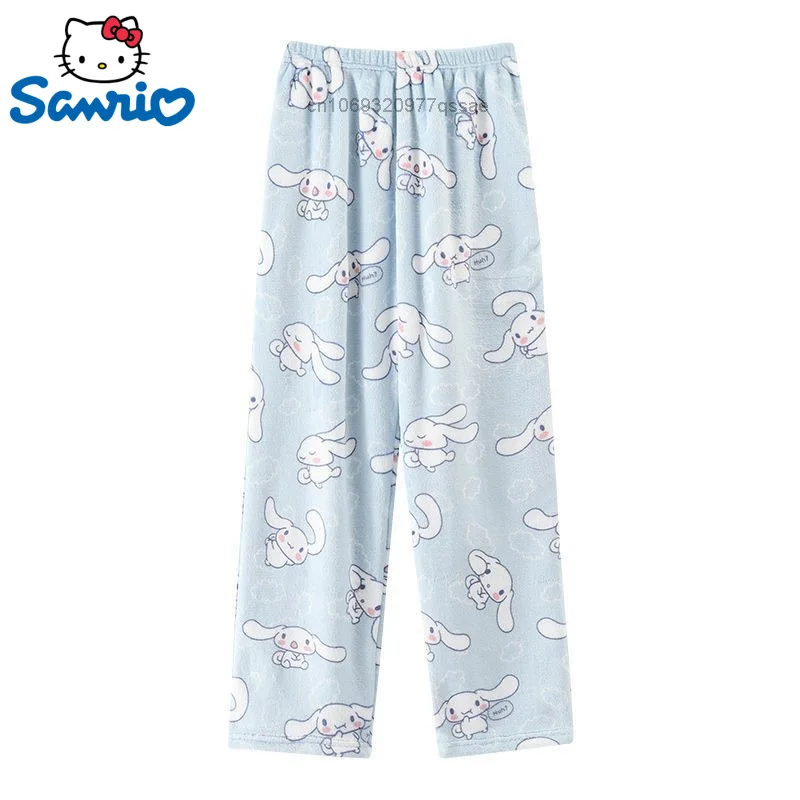 Sanrio Hello Kitty Cinnamoroll Cute Sweet Plush Cotton Sleep Bottom Pants Women Winter Flannel Pants Homewear Fleece Warm Pants