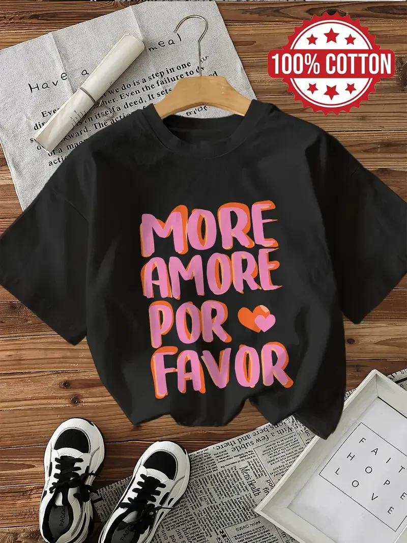 100 % Baumwolle MORE AMORE POR FAVOR Grafikdruck mit Herzen T-Shirts Damen T-Shirts T-Shirts Tops Damenbekleidung Damen T-Shirts