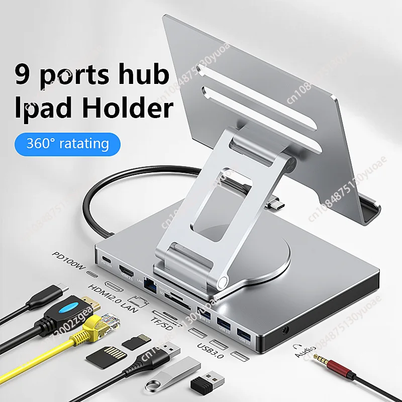 Type-C Docking Station, Flat Plate, Rotating Bracket, 4K, 60Hz Gigabit Network Port, USB 3.0, Splitter Hub Converter