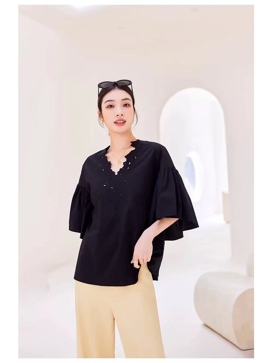 

Ele Sweet Embroidered Hollow out V-ne Puff Sve Top Cotton French Sle Loose Fit Breathable Women's irt