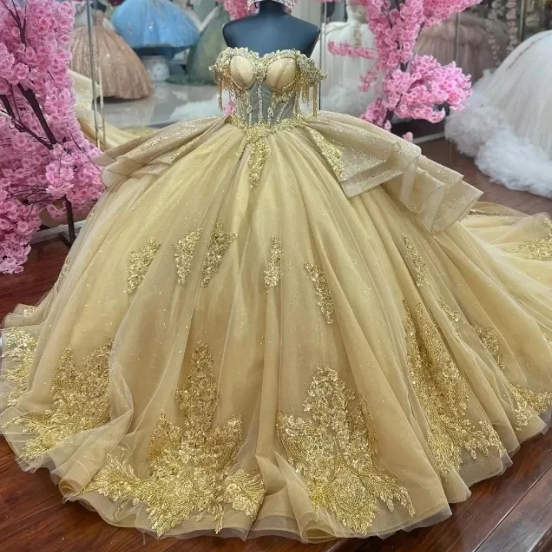 

Customized Luxury Gold Yellow Quinceanera Dress Ball Gown Applique Women Prom Birthday Party Dress Sweet 15 16 Girl Occasion