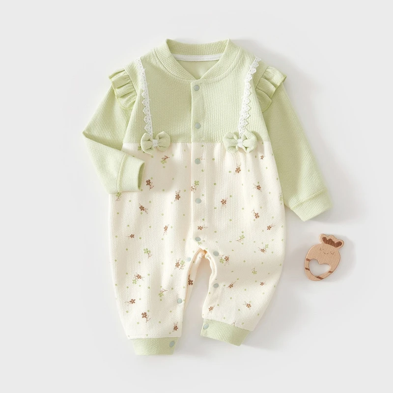 Gender-Neutral Baby Cotton Romper for Spring & Fall with Lace & Exquisite Bow Cute Floral Print Christmas Going-Out Onesie