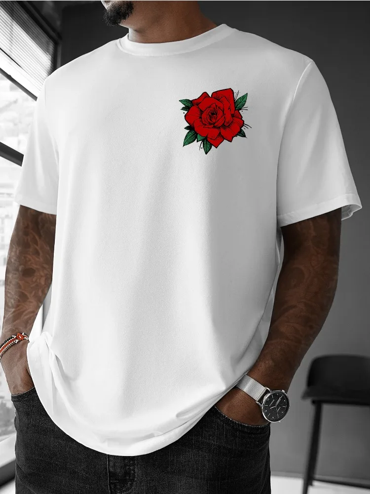 Retro Tiny Red Rose Flower Chest Print Mens T Shirt Summer Lightweight Crew Neck Loose Casual Daily Street Fashion Wear Tops