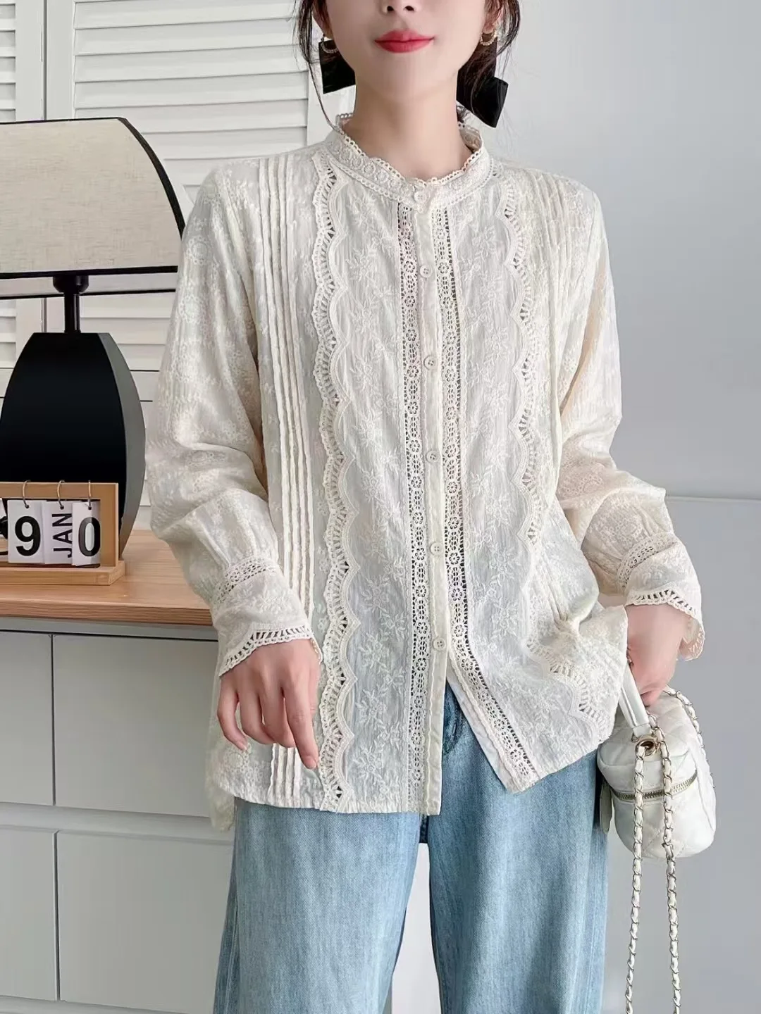 Mori Girl Sweet Lace Embroidery Hollow Out Solid Color Cotton Shirts Women Japanese Cute Stand Collar Long Sleeve Blouse Tops
