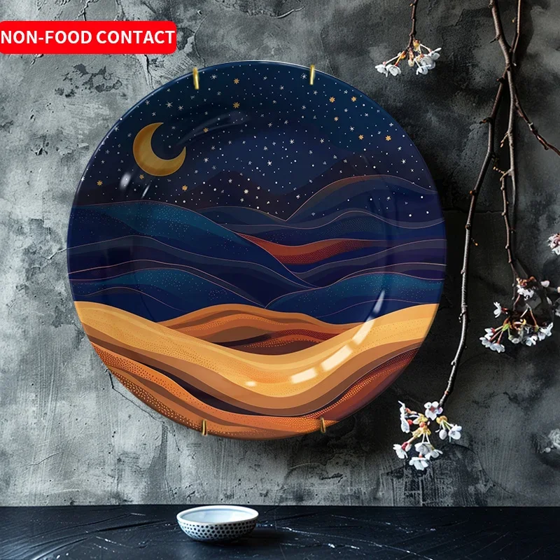 1pc Exquisite Ceramic Decorative Plate Desert Starry Crescent Moon Pattern Home Wall Art Ornament Non-Food Contact Style for