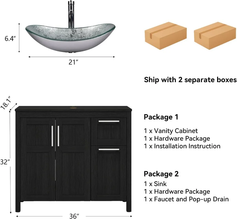36 Inch Bathroom Vanity with Vessel Sink, Silver Sink, Wall Mounted Cabinet