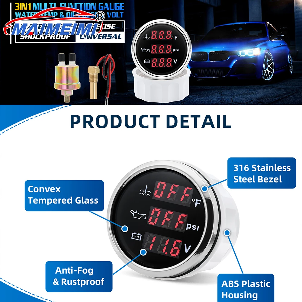 

52mm Digital pointer Gauge 3IN1Oil Pressure+Water Temperature+Voltmeter with sensors Red backlight for Auto Car Boat