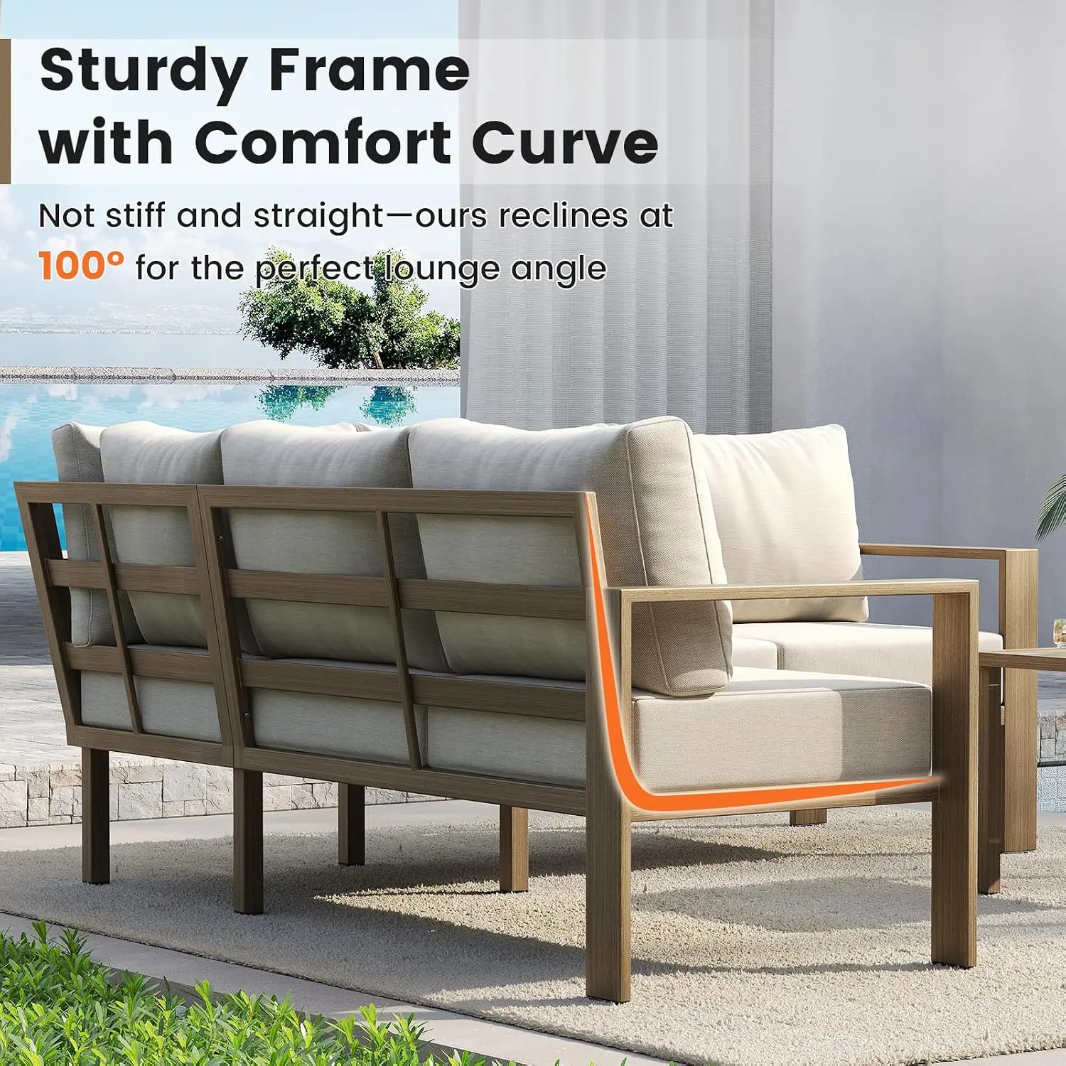 6 Piece L Shaped Outdoor Sectional Sofa 6 Inch Thick Cushion Olefin Fabric Fade Resistant Wide Armrest Coffee Table Metal Patio