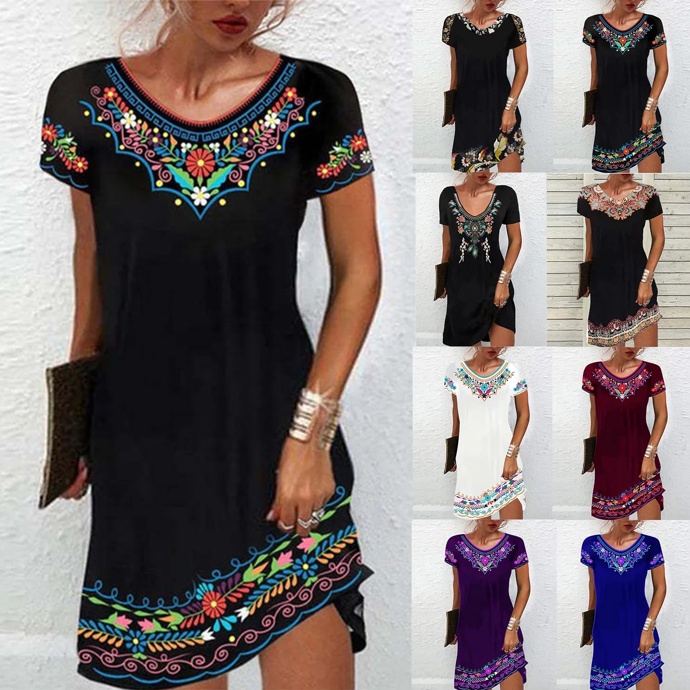 Stylish Women's Ethnic Print Short Sleeve Dress – Casual & Comfortable Boho Fashion
