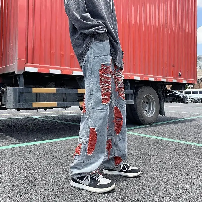 

Men's Jeans Torn Trousers Male Cowboy Pants with Pockets Broken Ripped Holes Retro Cotton Y2k Vintage Casual Kpop Streetwear 90s