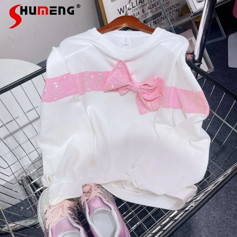 Contrast Color Three-Dimensional Bow Sweater Hoodie Women's 2023 Autumn Space Cotton Sweet Ladies' Fashion Pullover Top