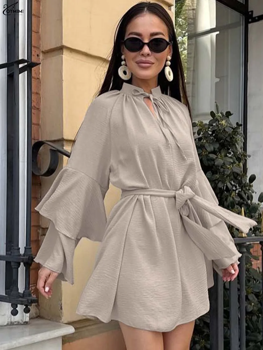 

Oymimi Fashion Khaki O-Neck Women's Dress Elegant Long Sleeve Ruffled Lace-Up Dresses Casual New Loose Mini Dresses Streetwear