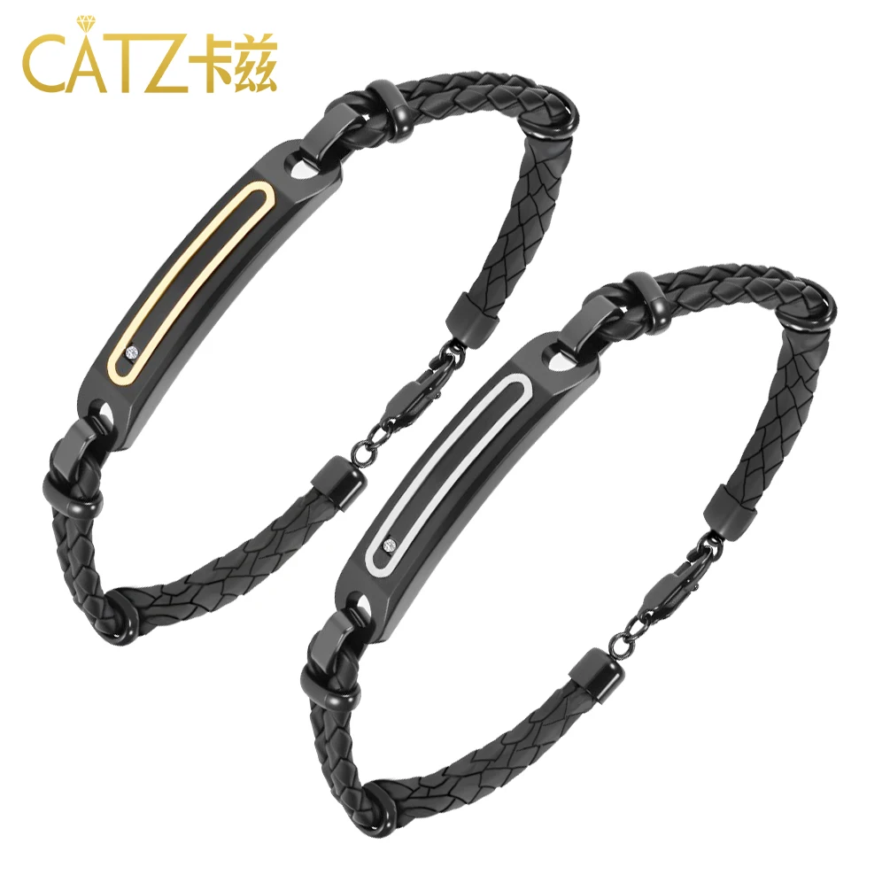 

Black Bracelet Leather，Two-Color Wall Inlaid Zircon Craftsmanship Stainless Steel Leather Bracelet 22, Valentine'S Gift