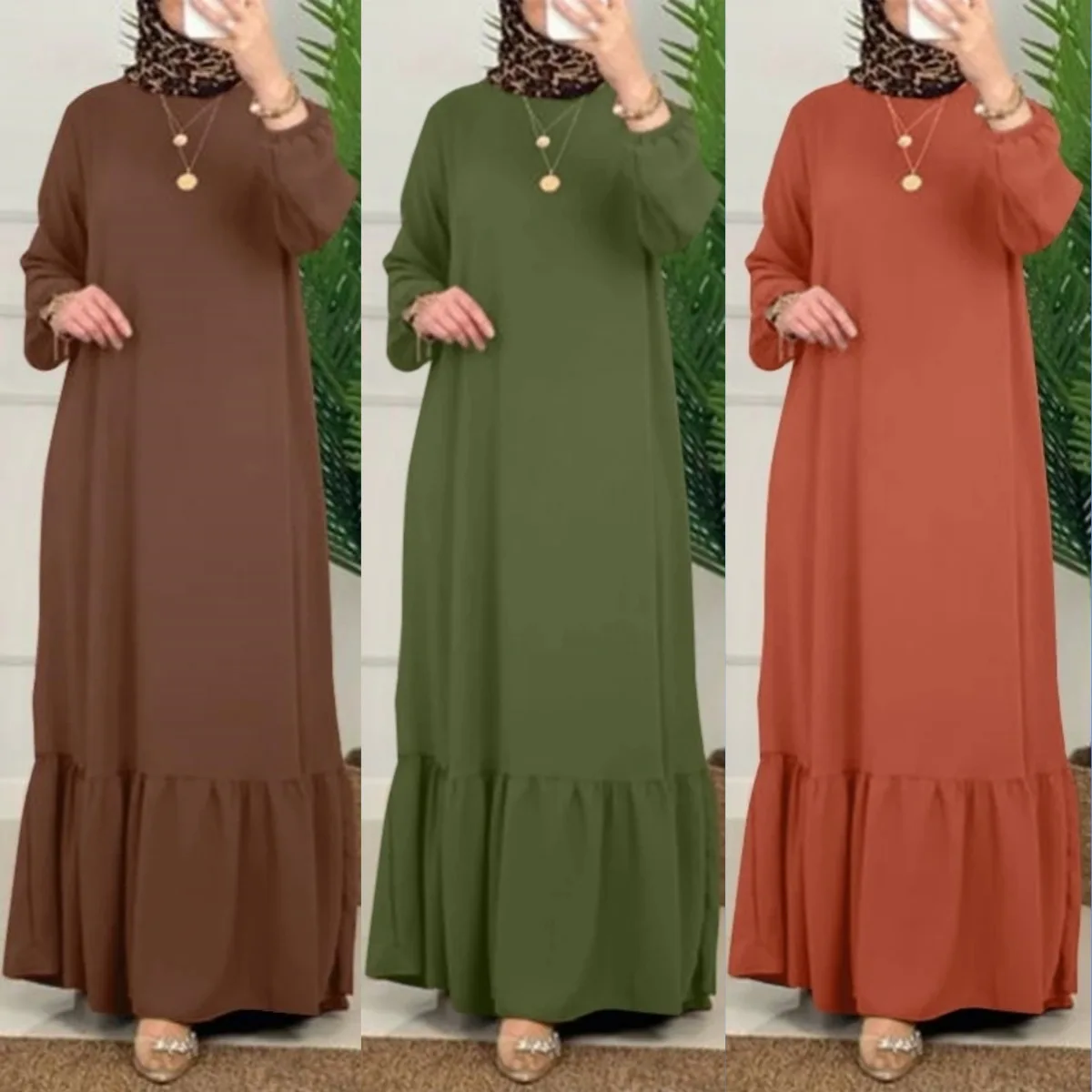 Vestido largo de manga larga con volantes para mujer, traje musulmán de Color liso, Vintage, a la moda, Abaya de Turquía