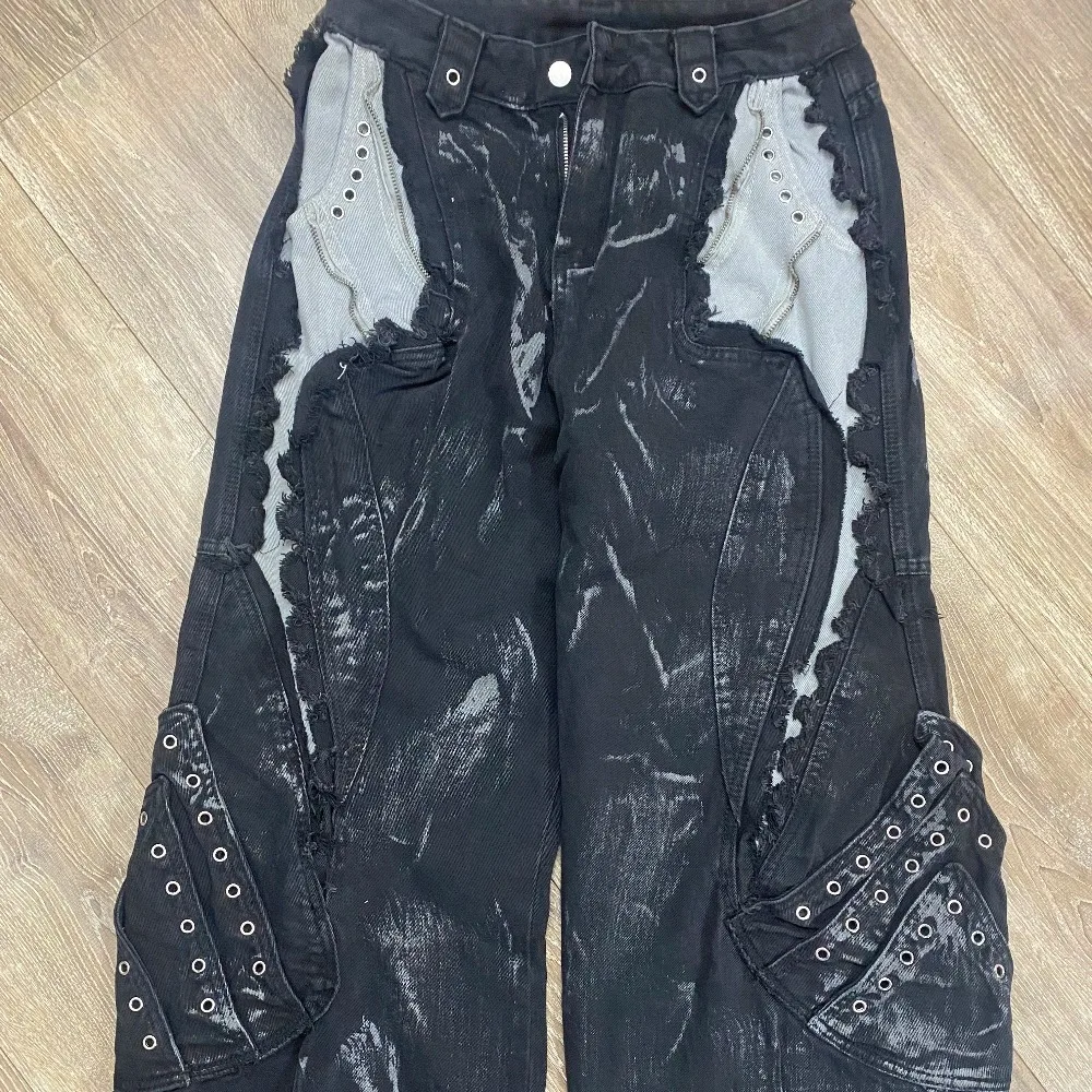 High Street Men's New Denim Trousers – Patchwork Contrast Color Drawstring Raw Edge Dirty-Dying Worn-Out Jeans