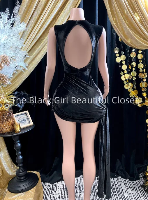 Customized  Black Sexy See Through Short Prom Dresses Glitter Crystal Appliques Black Girls Dresses