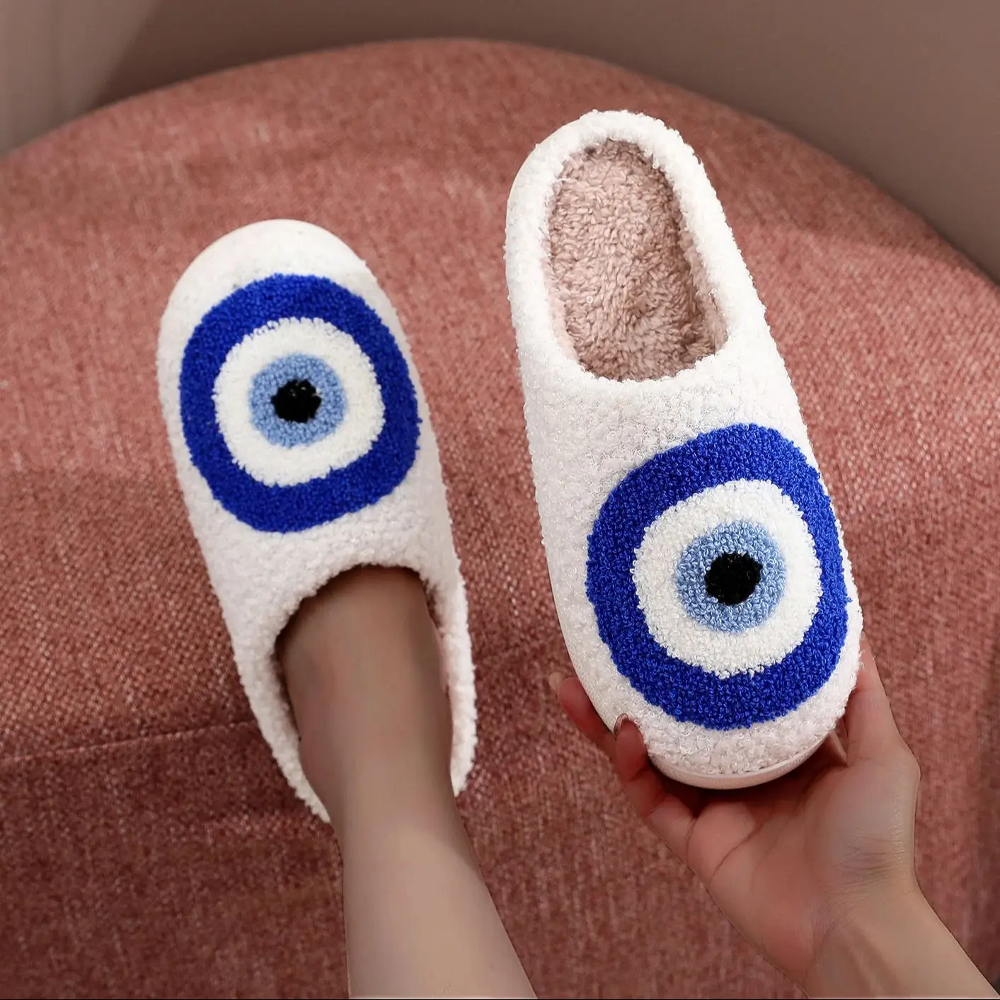 Evil Eyes Pattern Devil\'s Eye Embroidered Home Thick Sole Plaid Furry Cotton Slippers Cute Warm Non-slip Indoor Slippers Gift Preferred