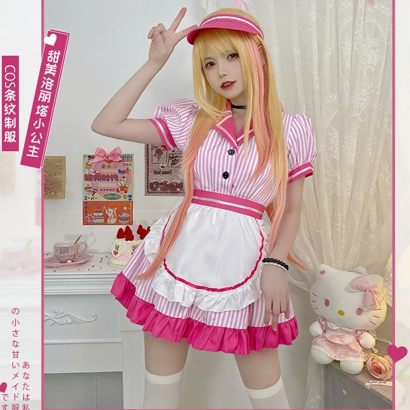 Anime My Dress Up Darling Marin Kitagawa Costume Cosplay Carino Lolita Ragazze Rosa A Righe Cameriera Uniforme Vestito di Halloween OI8535