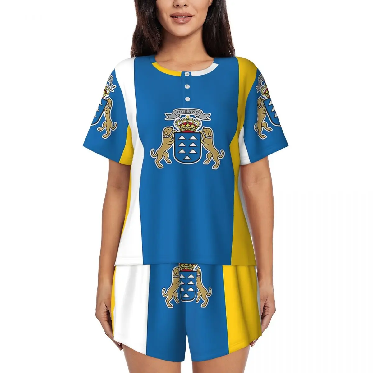 

Spain Flag Oceano Canary Islands Round Neck Short Sleeve Nightgowns for Sleeping Sleepshirts Women Soft Pajama Set Short Pants