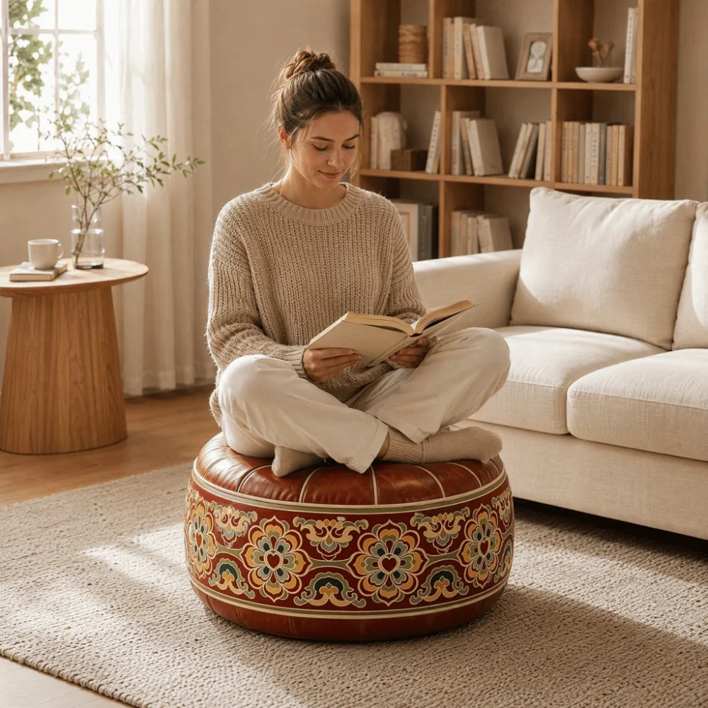Storage Bag PU Leather Sofa Stool Cover Round Water Resistant Footstool Cover Foldable Unfilled Storage Leg Bench Balcony