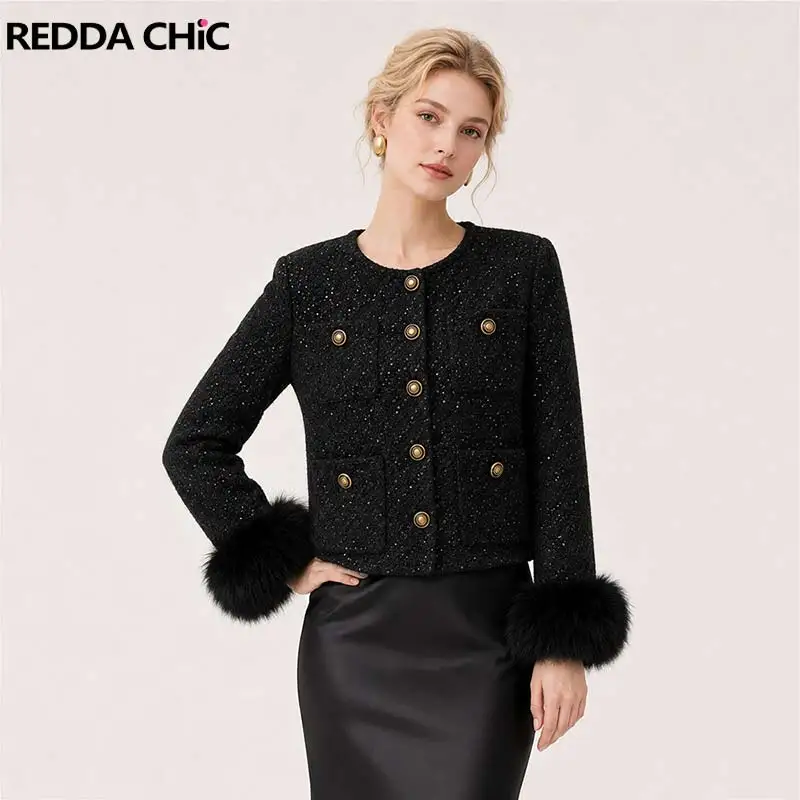 REDDACHiC Faux Fur Cuffs Women Tweed Jacket Retro Button Down Collarless Long Sleeve Shiny Cargo Cropped Jacket Office Outwear