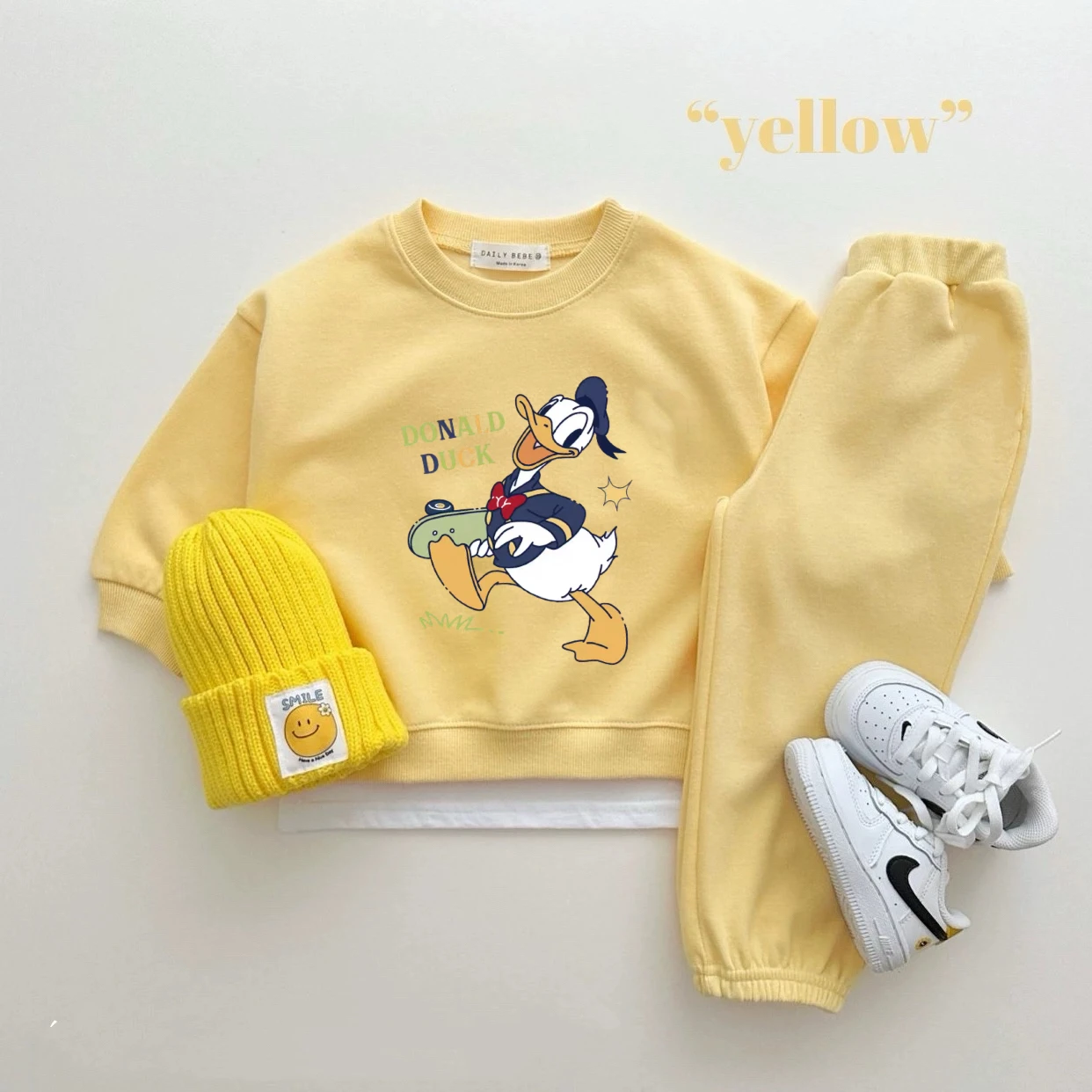 

Donald Duck Tops Pants 2-7Year Kids Cartoon Long-sleeved Outfits Cute Sweatshirts Solid Color Trousers Girls Autumn Costume