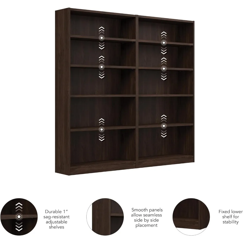 Furniture Universal Tall 5 Shelf Bookcase in Black Walnut - Set of 2, Matching Storage and Display Bookshelves for Home Office