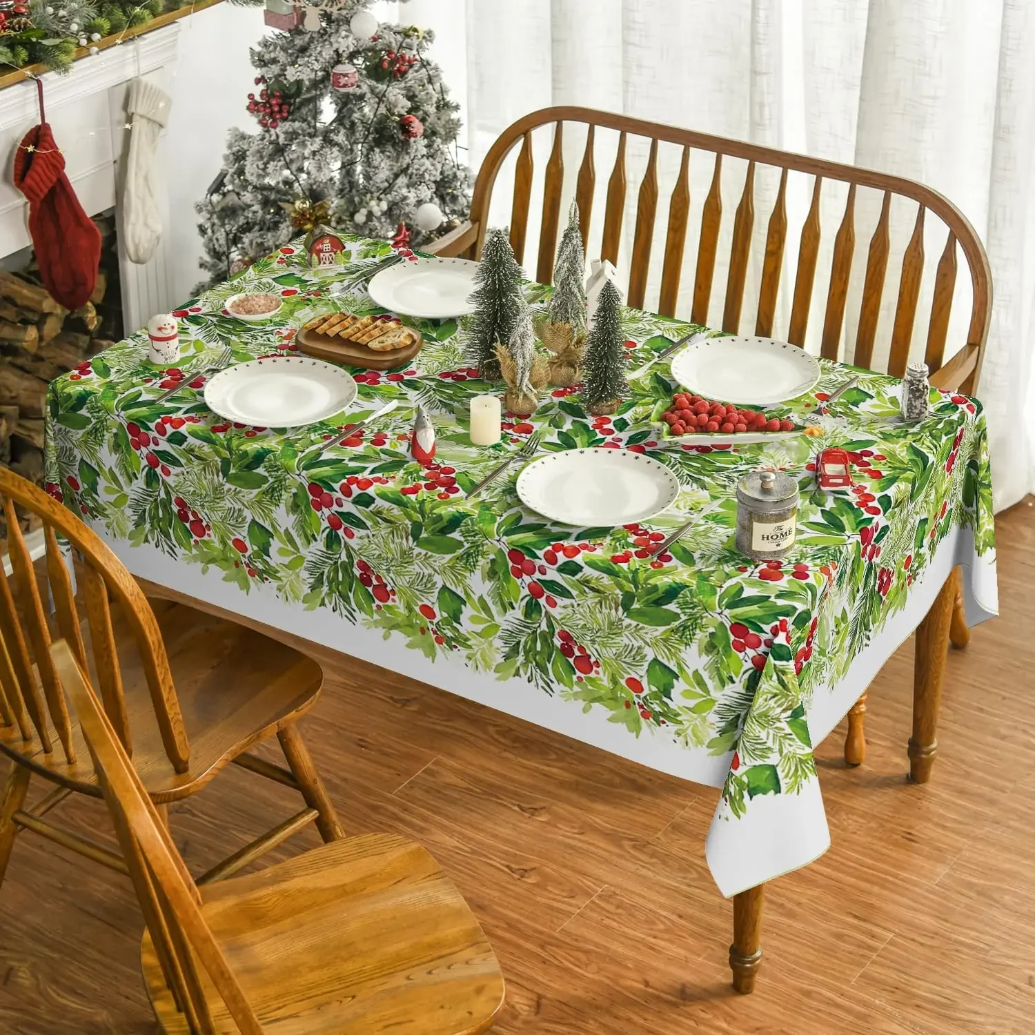 Rectangular Horaldaily Christmas Tablecloth  Holly Fruits Washable Table Cover for Party Picnic Dinner Decor