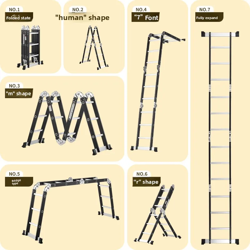 Thickened multifunctional iron-aluminum combined folding herringbone ladder four-fold telescopic ladder straight ladder