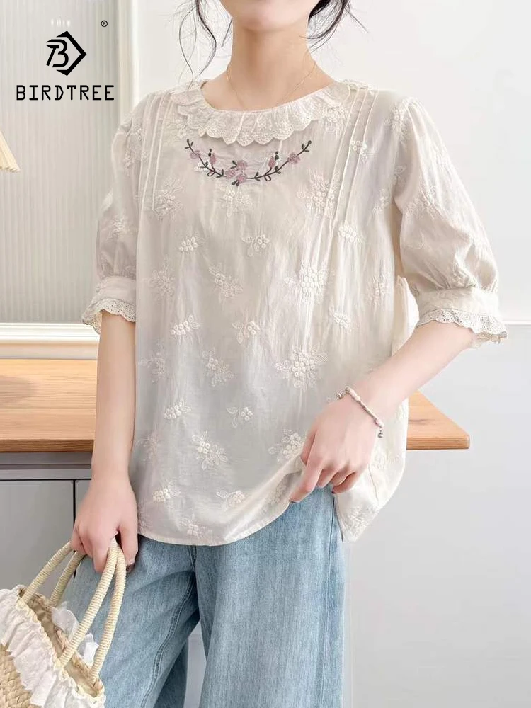 

New 2025 Summer Cotton Half Sleeve Shirt, Women O Neck Embroidery Patchwork, Mori Girl French Sweet Chic Loose Blouse T56918CC