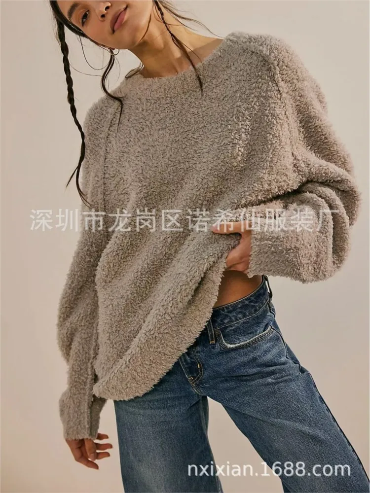 Fashion O-neck Long-sleeved Sweatshirt Tops For Women Autumn Winter Solid Color Loose Casual Simple Furry Pullover Tops Female